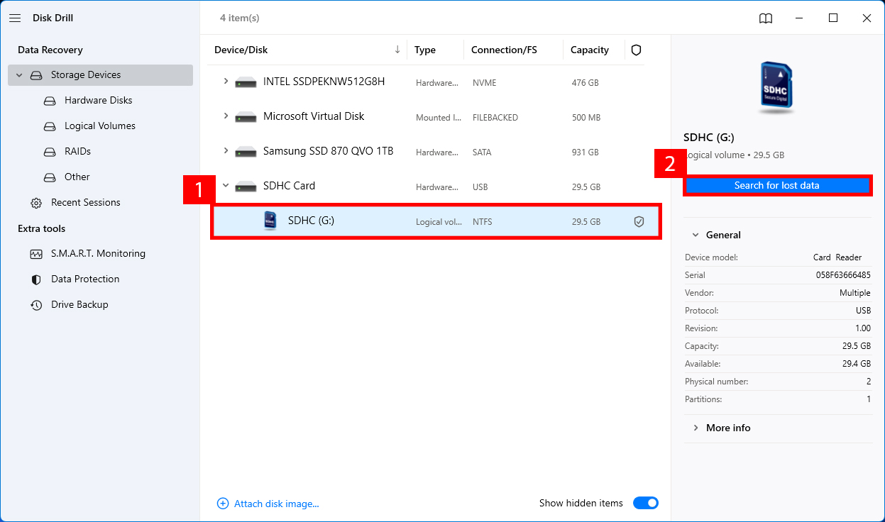 Start a scan in Disk Drill