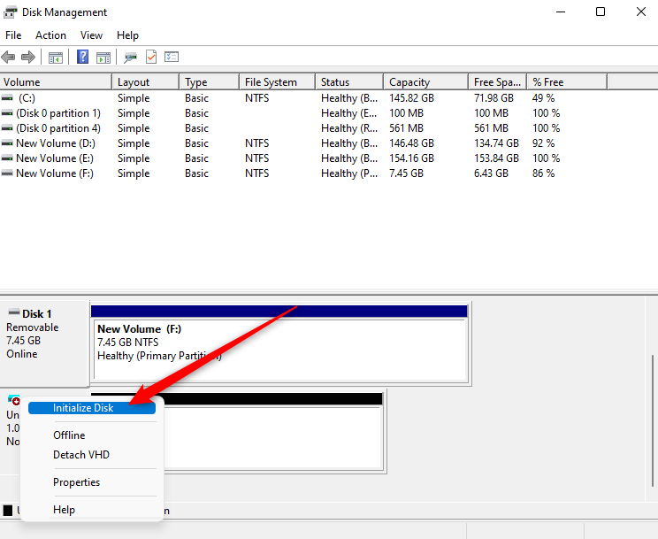 initializing disk from disk management console