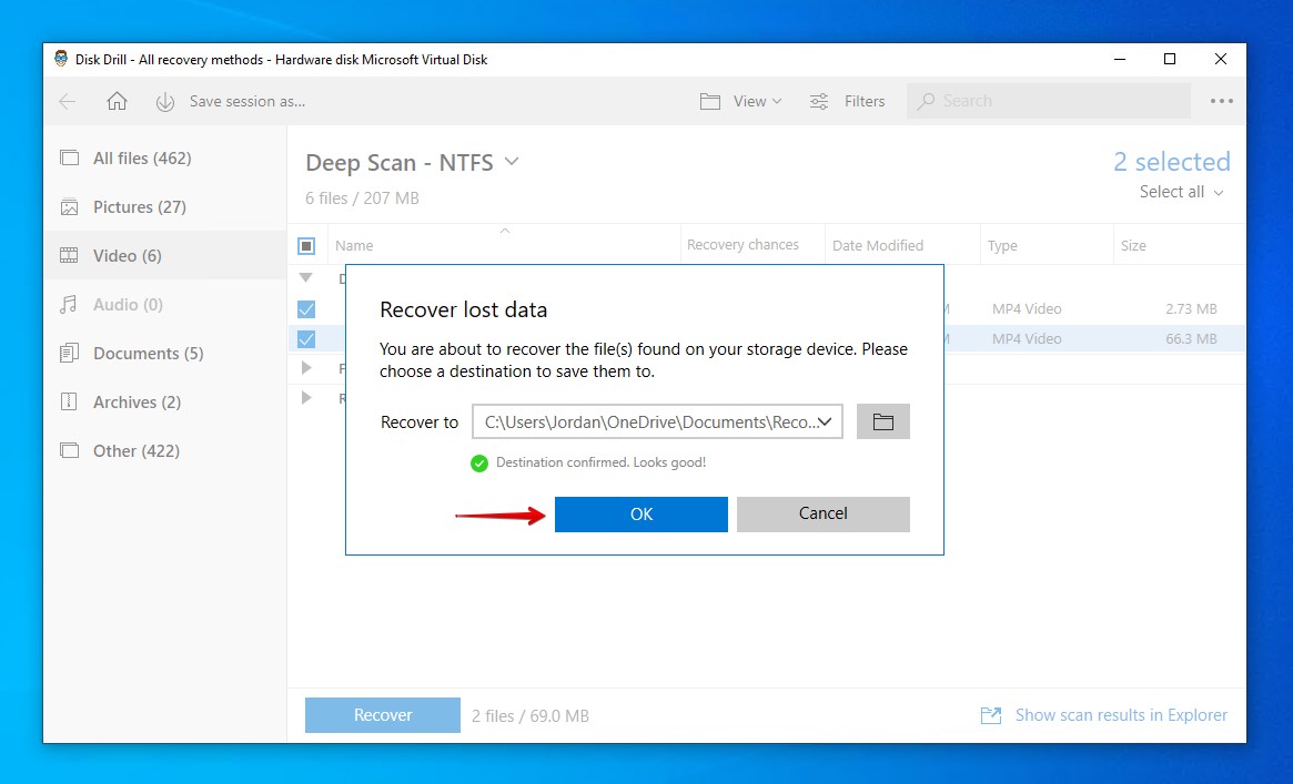 Choosing the output folder for recovered files.