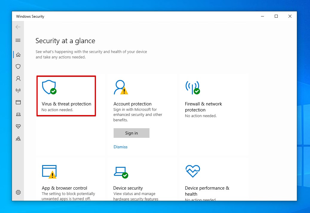 Accessing the Virus and threat protection area