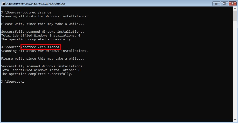 Uruchamianie bootrec /rebuildbcd
