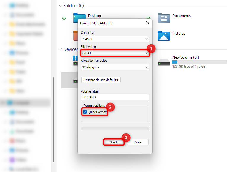 spuntando la casella accanto a formattazione rapida e avviando la formattazione