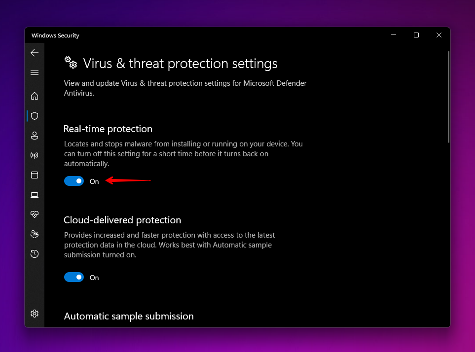 Disattivazione della protezione dalle minacce su Windows 11.