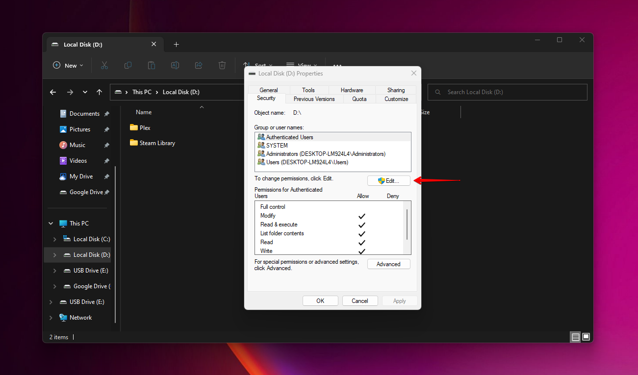 Modification des permissions du lecteur USB.