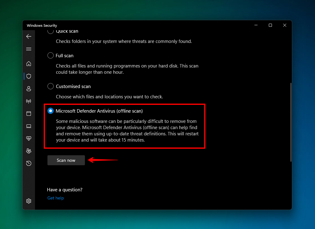 Udførelse af offline scanning med Microsoft Defender.