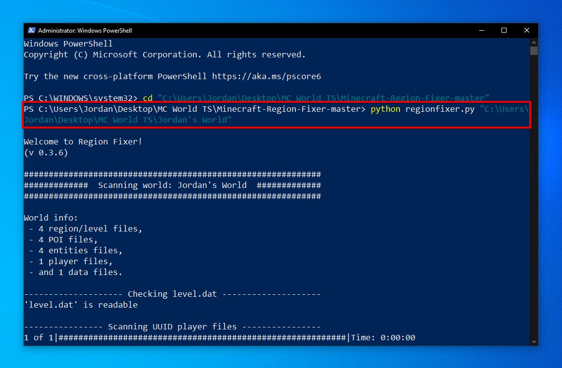 Kör Minecraft Region Fixer.