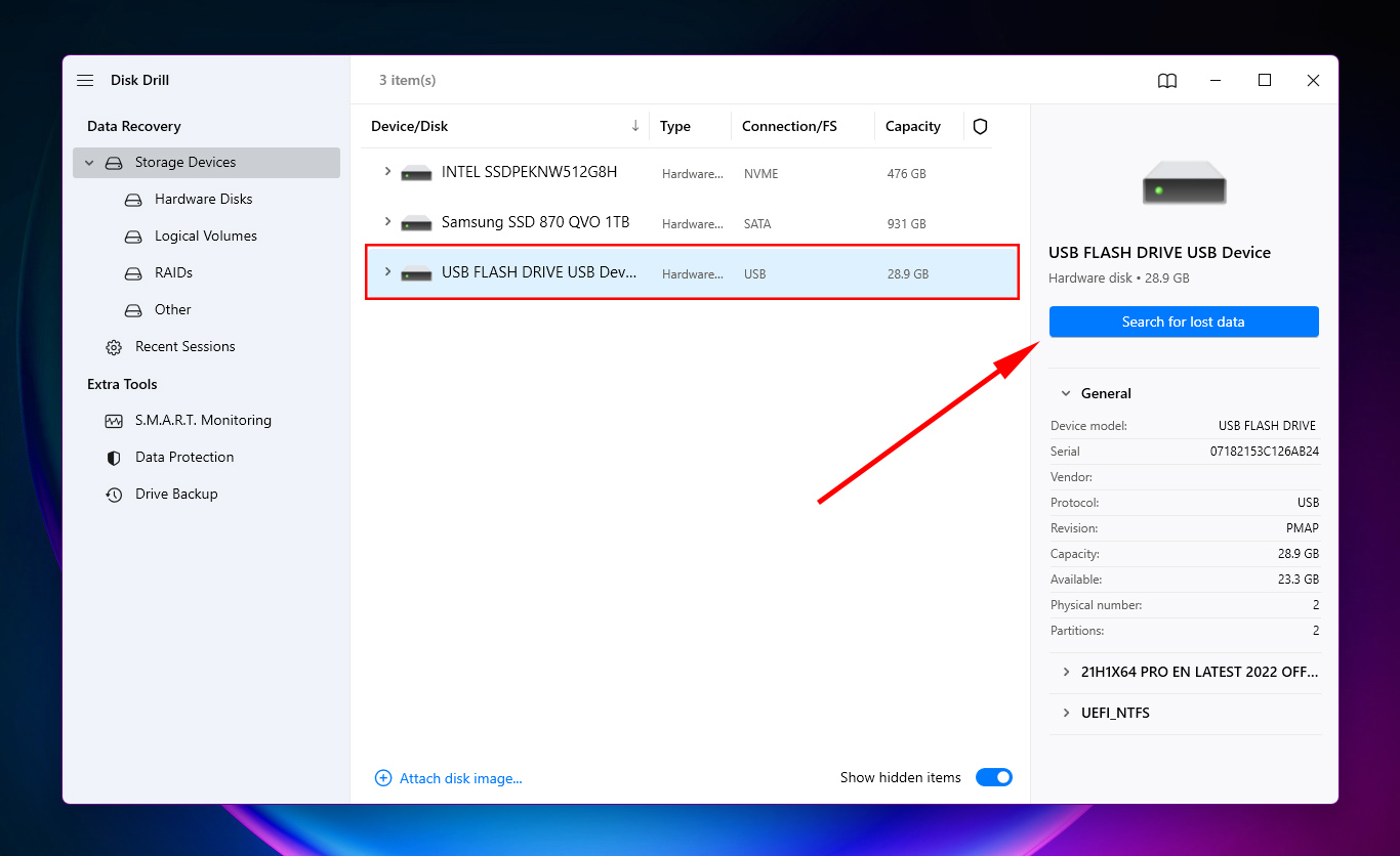 Analyse du lecteur USB à la recherche de données récupérables.