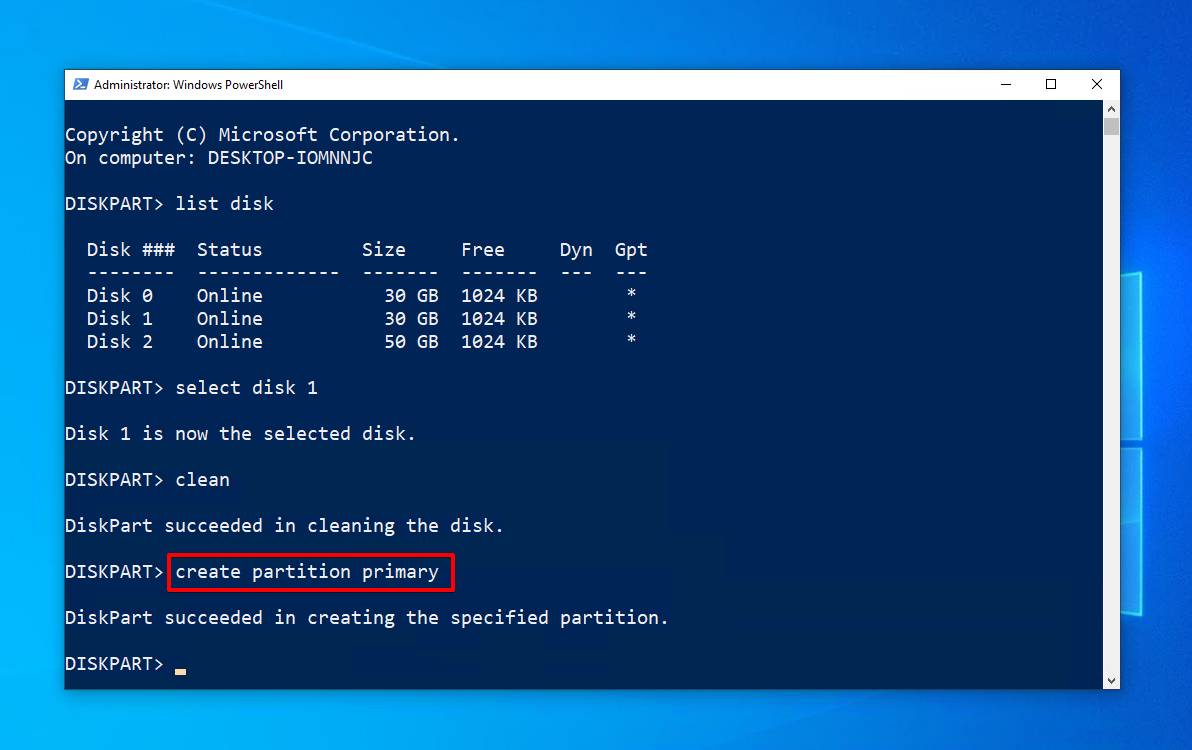 Creating a primary partition.