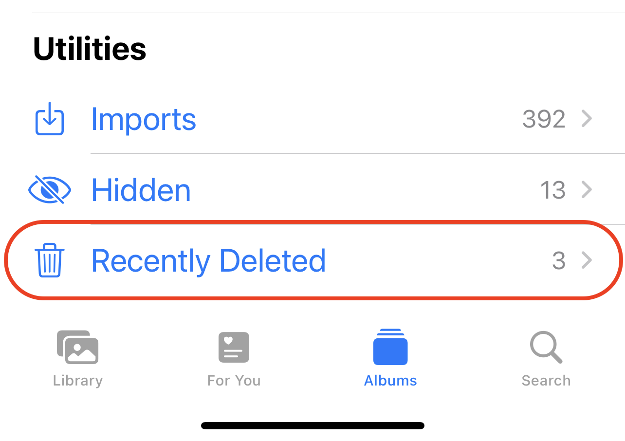 recently deleted folder photos app iphone