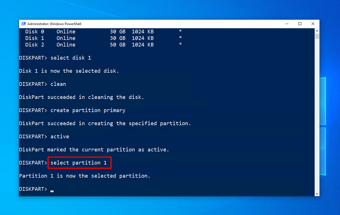 Selecting the partition.