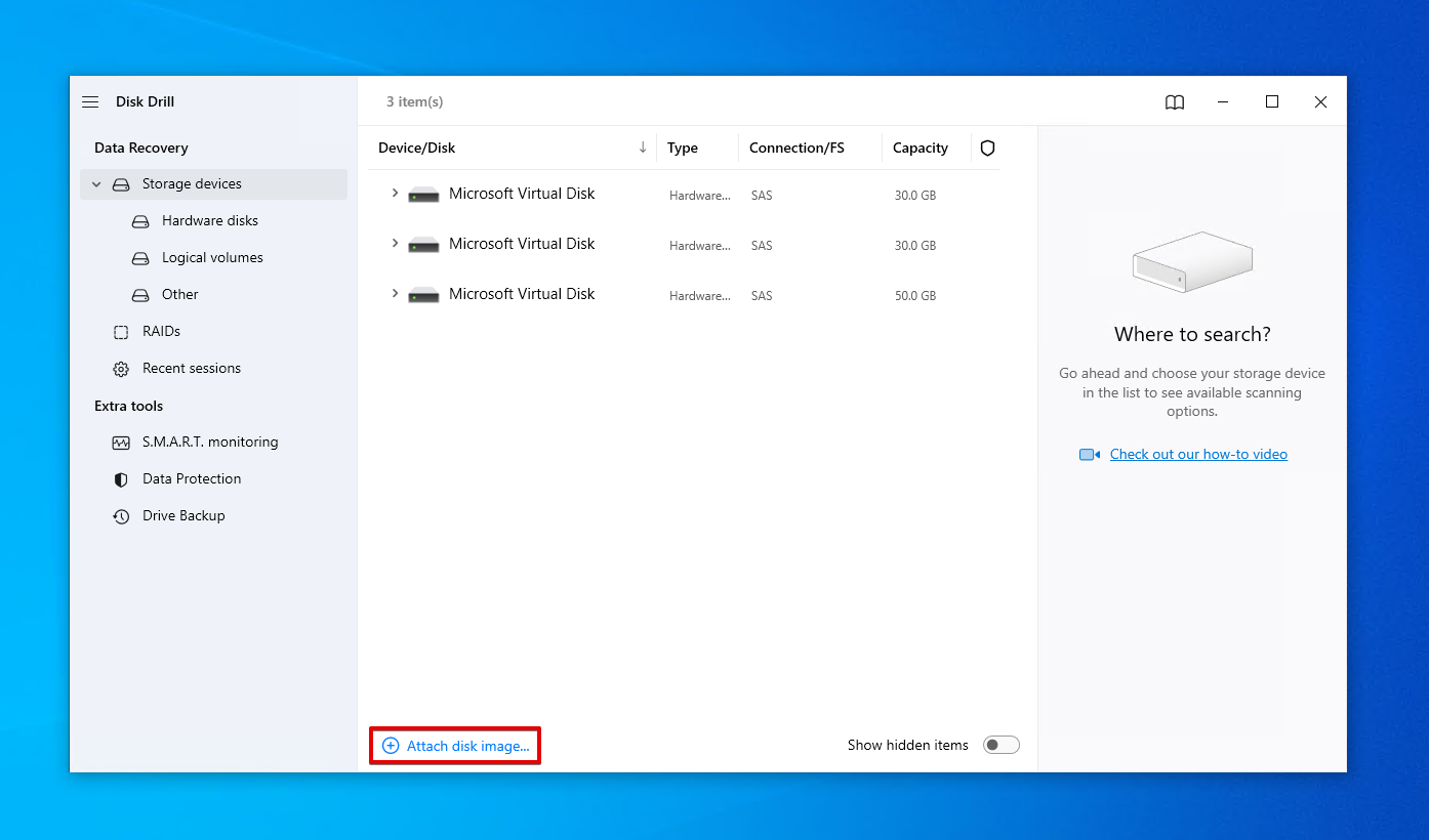 Attaching a disk image to Disk Drill.