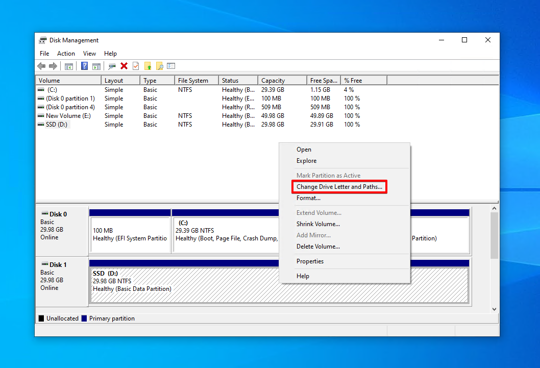 Choosing to change the drive letter of the SSD's volume.