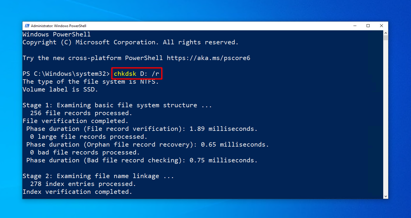 Executando CheckDisk no PowerShell.