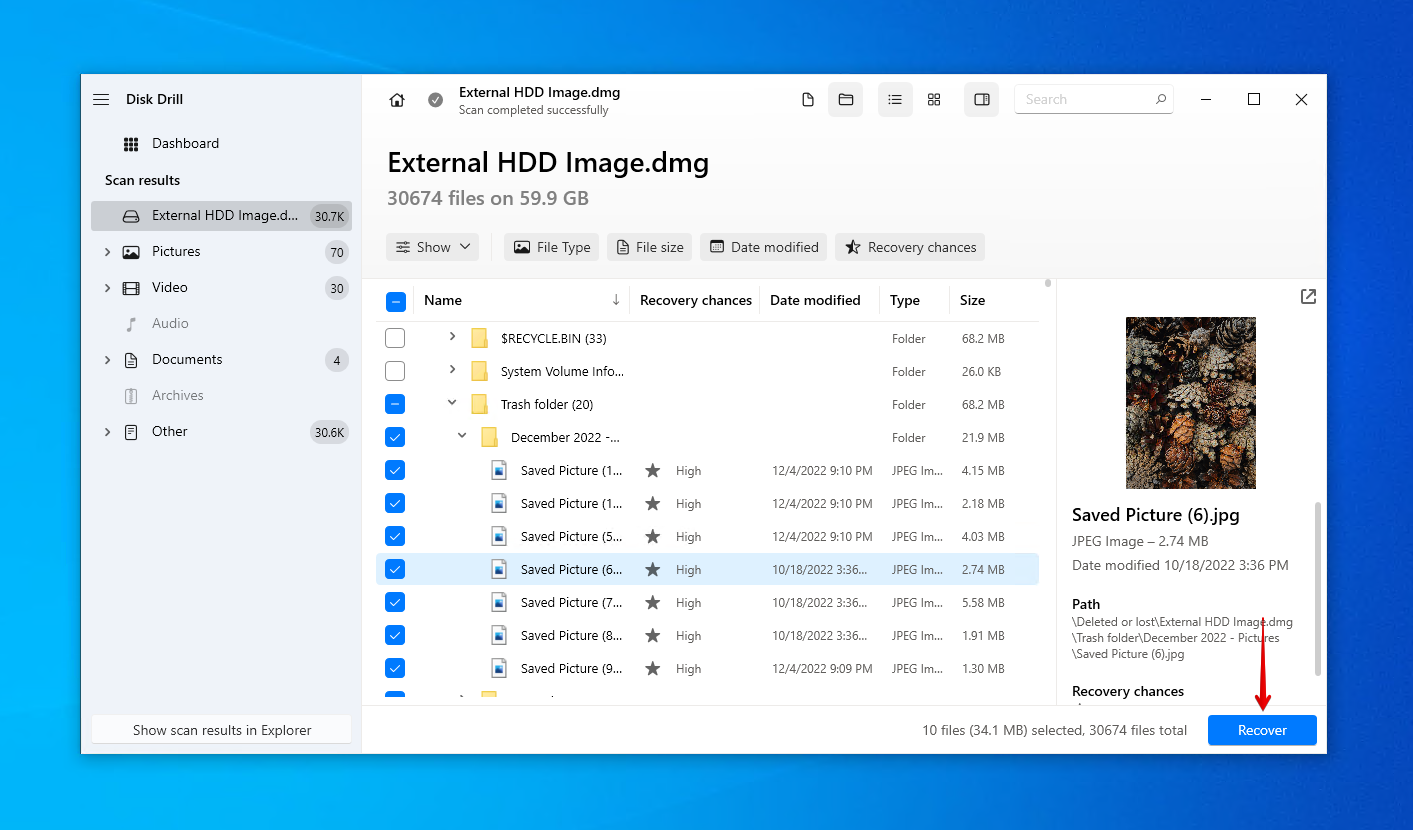 Specifying what files to recover from the external hard drive image.