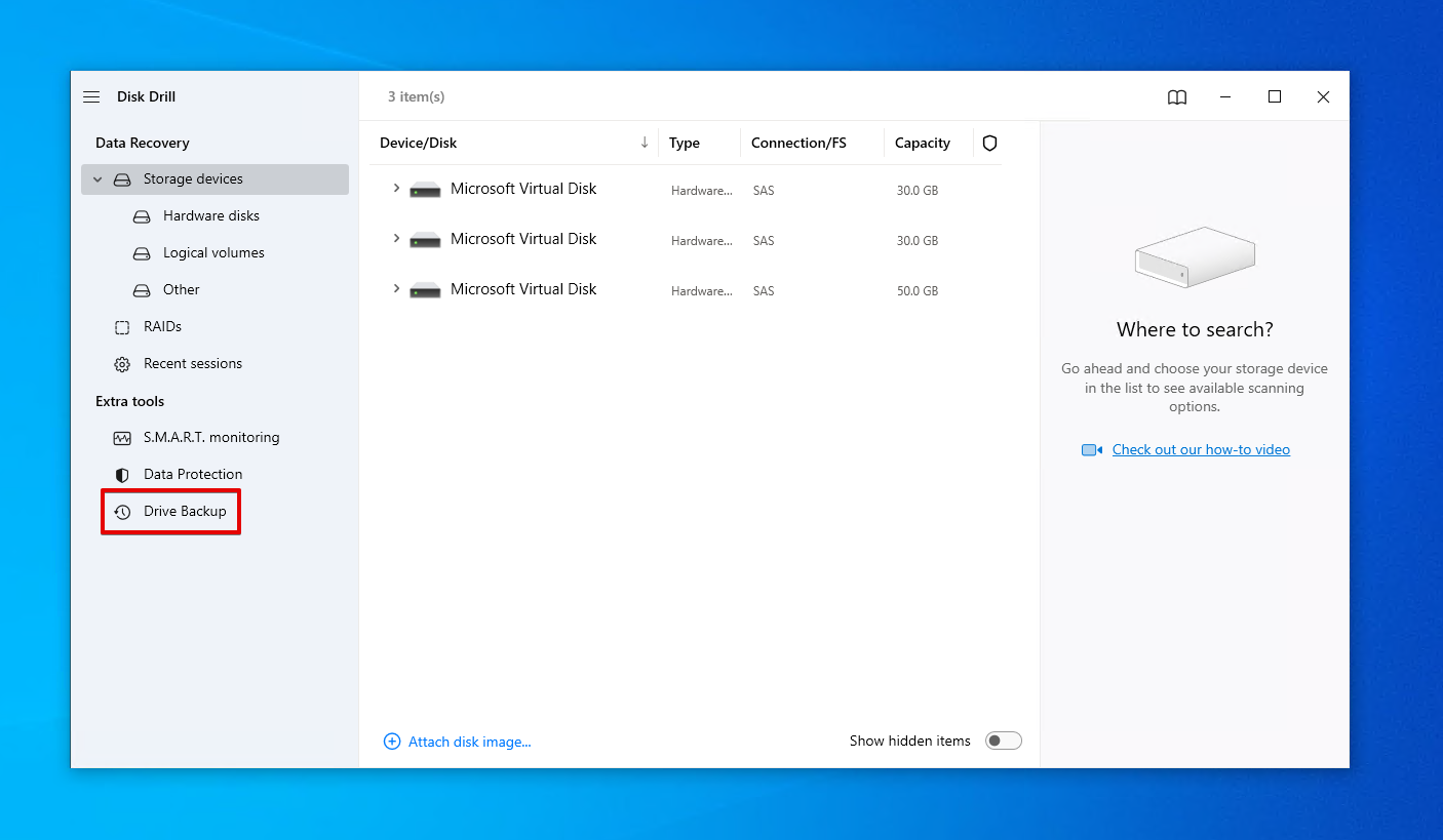 Accessing Disk Drill's Drive Backup feature.