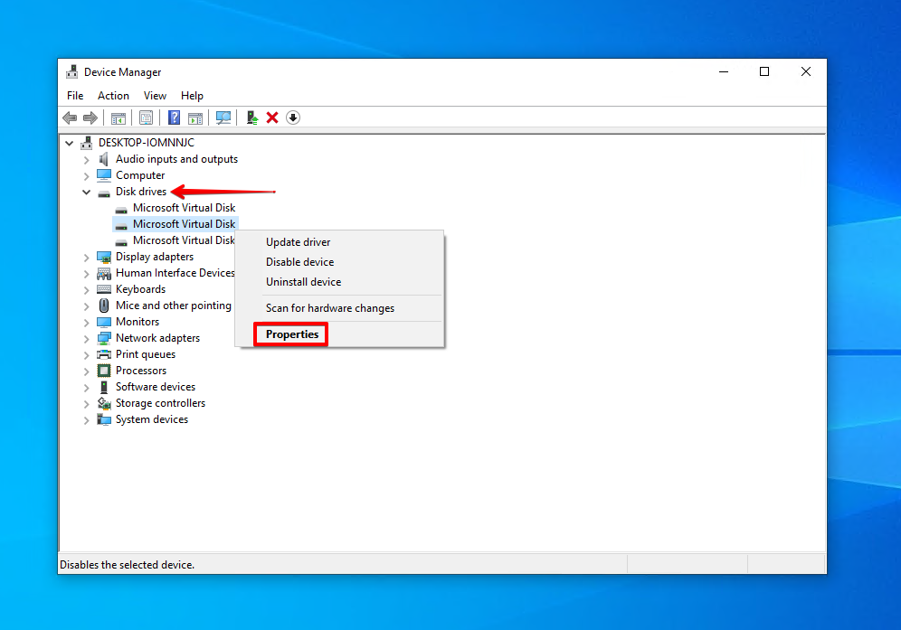 Checking the solid-state drive's properties in Device Manager.