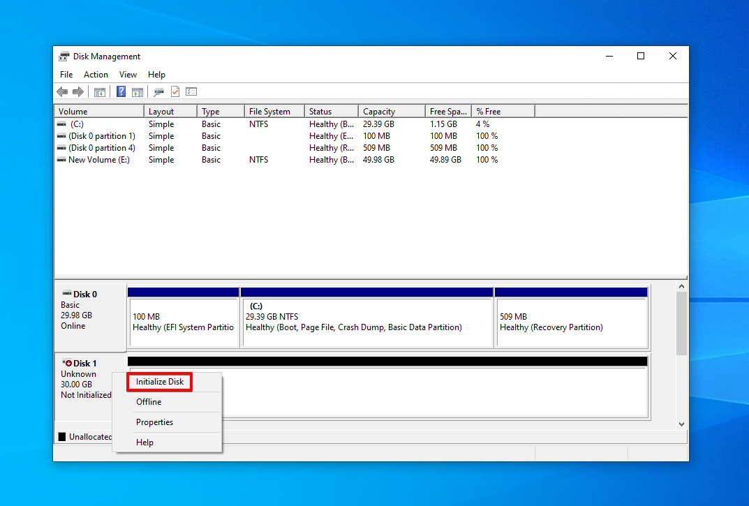 Initializing the disk in Disk Management.