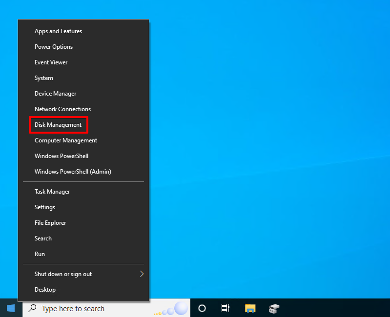 Opening Disk Management in Windows 10.