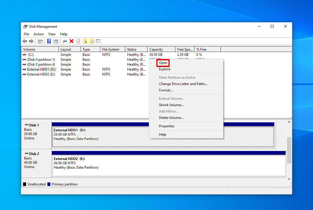 Opening the external hard drive using Disk Management.