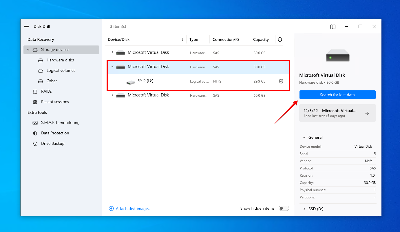 Escaneando o SSD para dados perdidos.