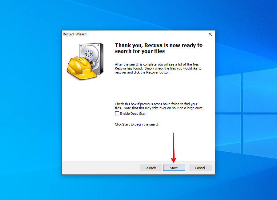 Starting the Recuva scan.