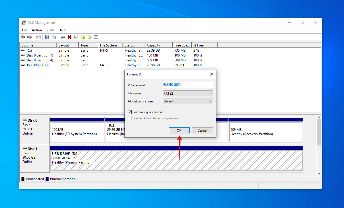 Concluir o formato do USB.