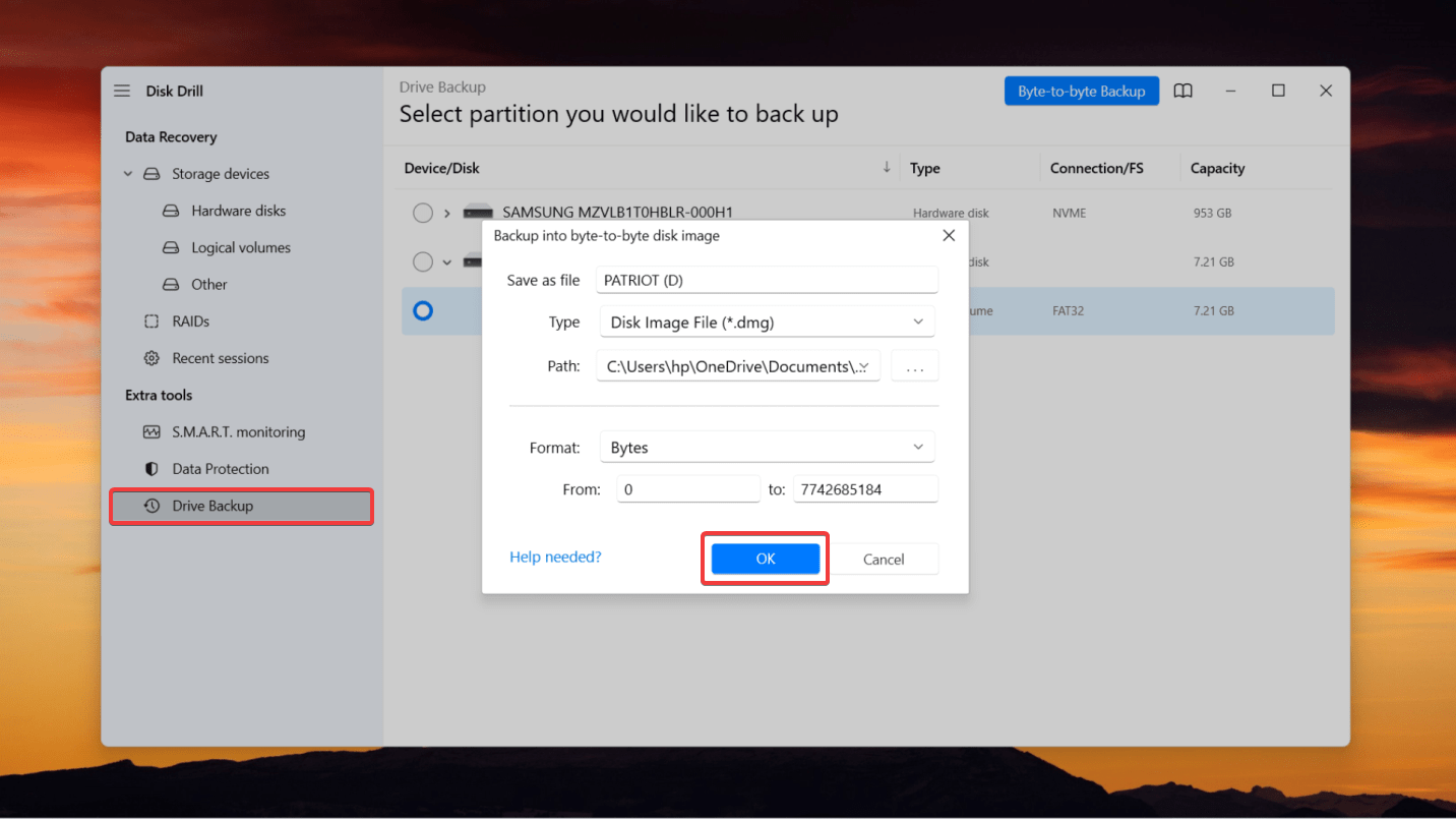 creating backup using disk drill