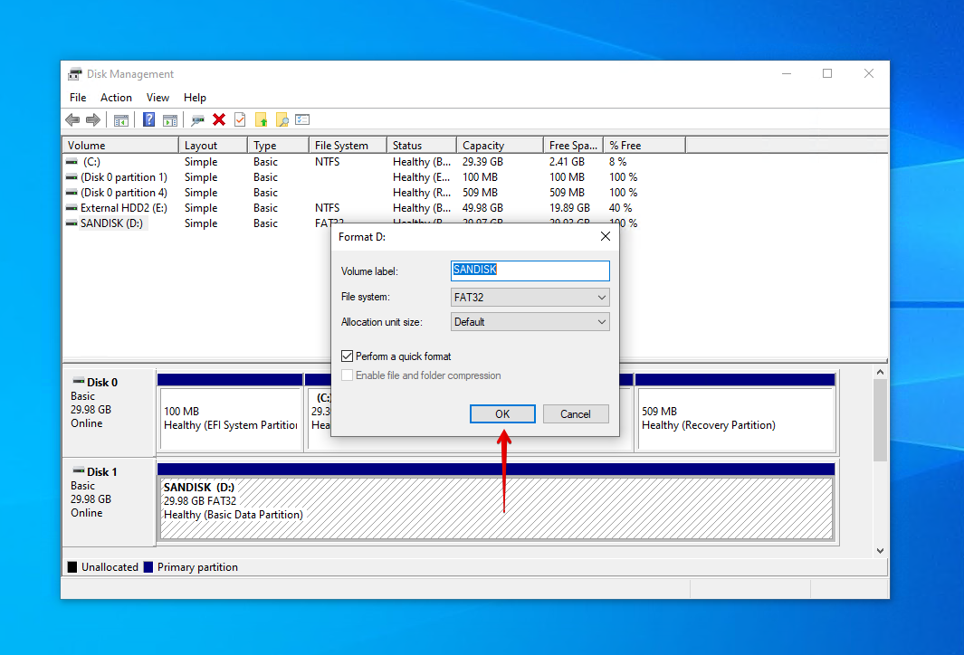 Finalisation du formatage de la carte SD dans la Gestion des disques.