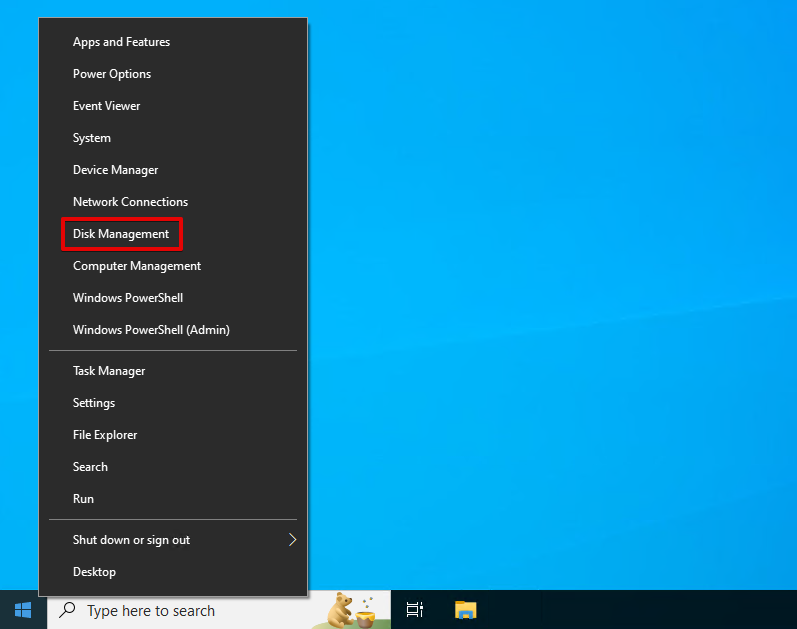 Öppnar Diskhantering i Windows 10.