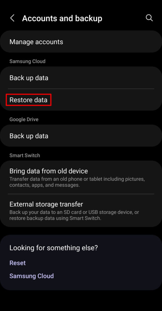 Selezione del ripristino dati da un backup di Samsung Cloud.