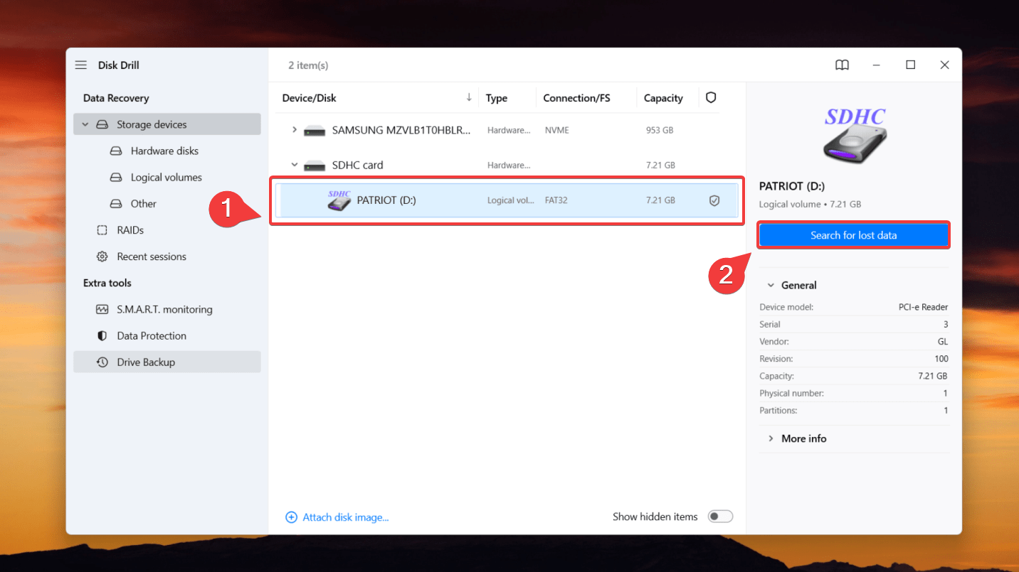 selecting partition on disk drill