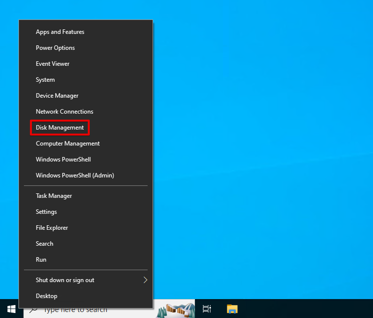 Opening Disk Management on Windows 10.