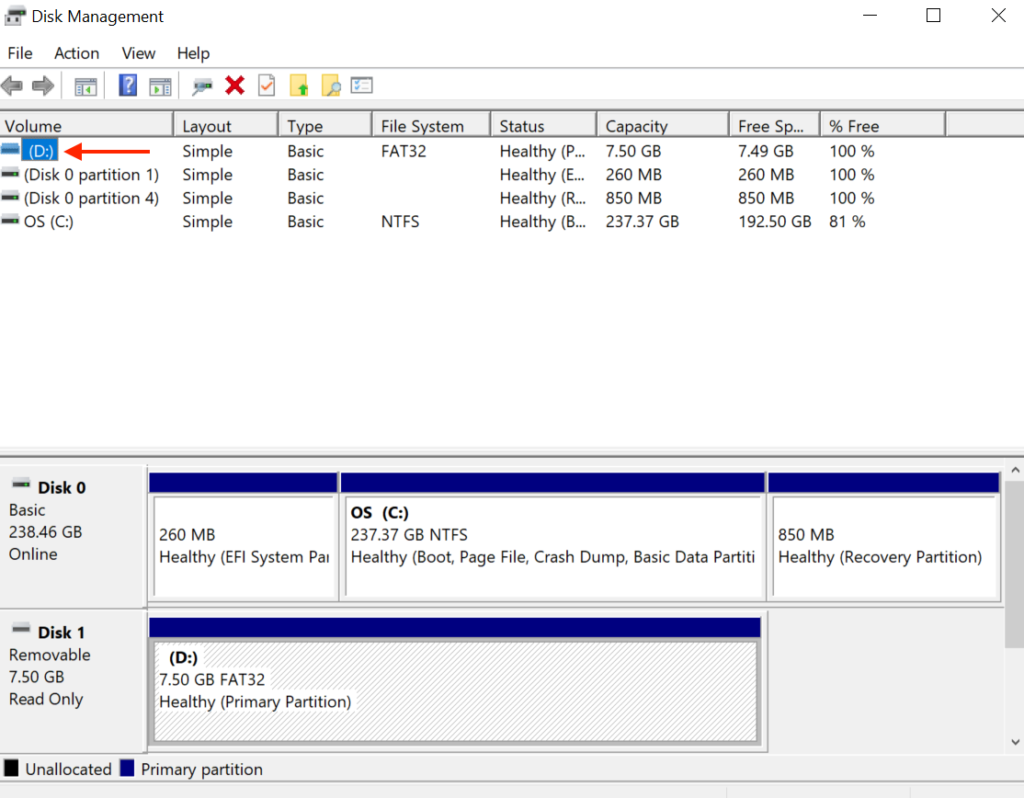 SD card drive letter in Volume column