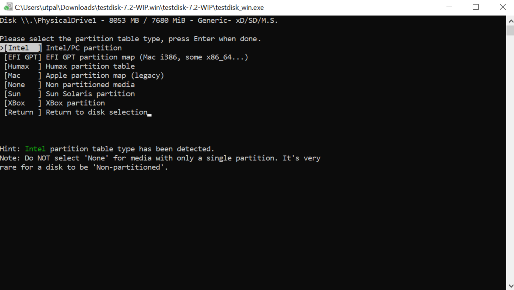 select Intel as partition table type