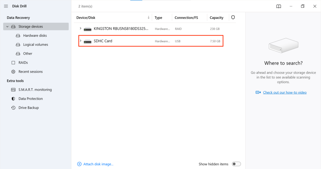 Select SD Card from the list of devices