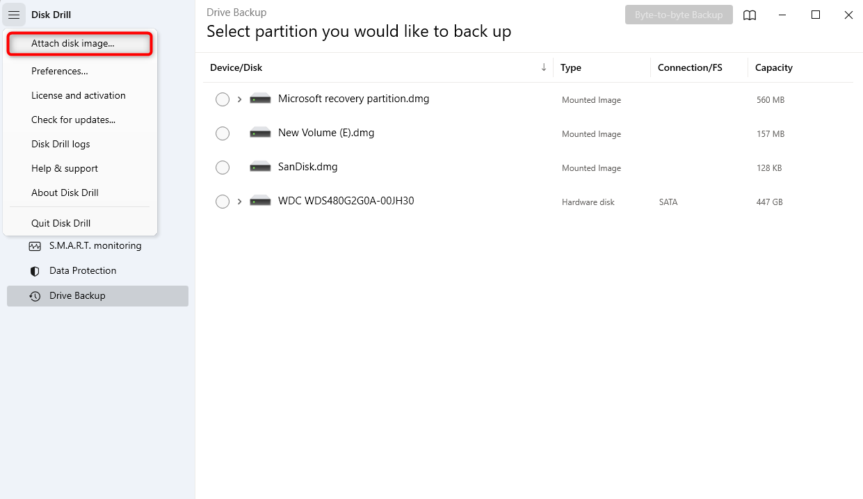 attaching the disk image in disk drill