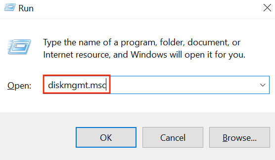 diskmgmt.msc in Run box