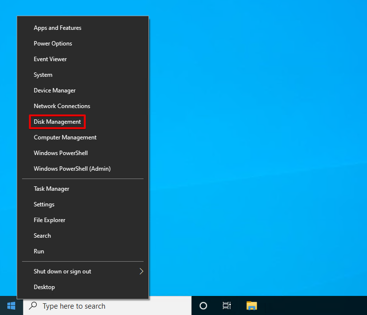 Opening Disk Management on Windows 10.