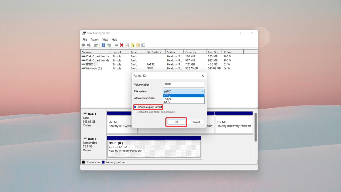 performing a quick format on disk management 