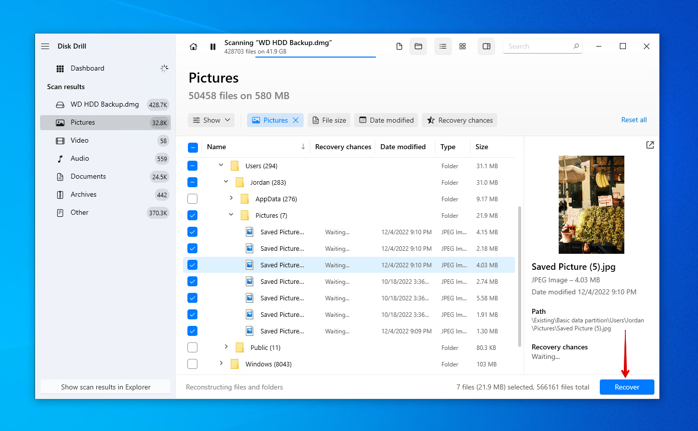 Recovering data from the WD hard drive image.