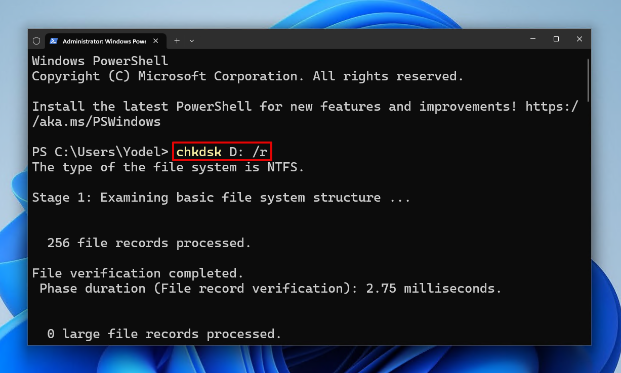 Running the CheckDisk command.