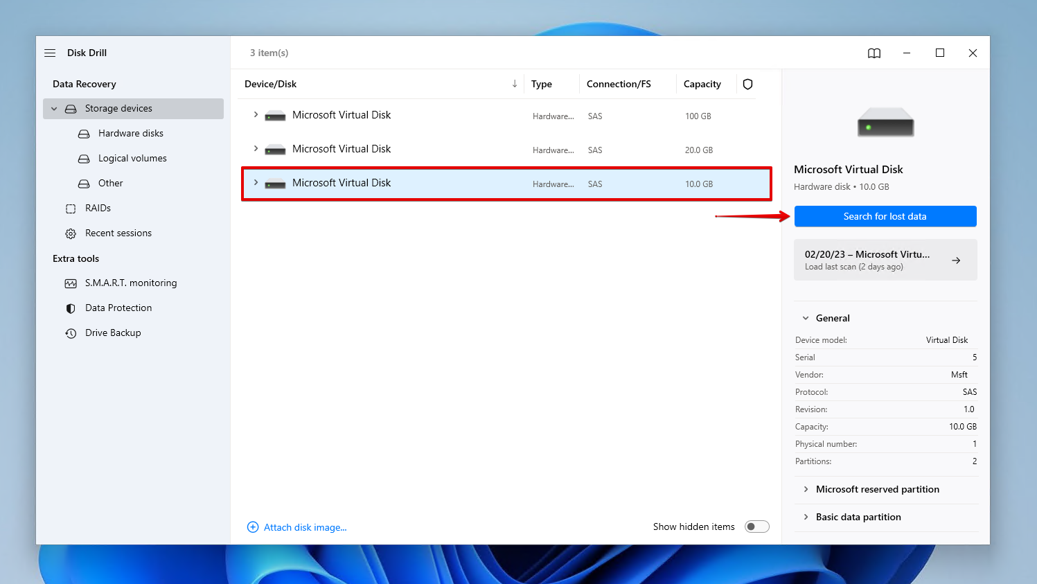 Scanning for lost partitions using Disk Drill.