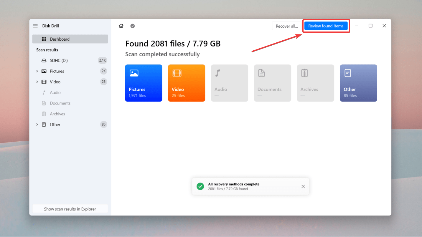 pagina di scansione su disk drill