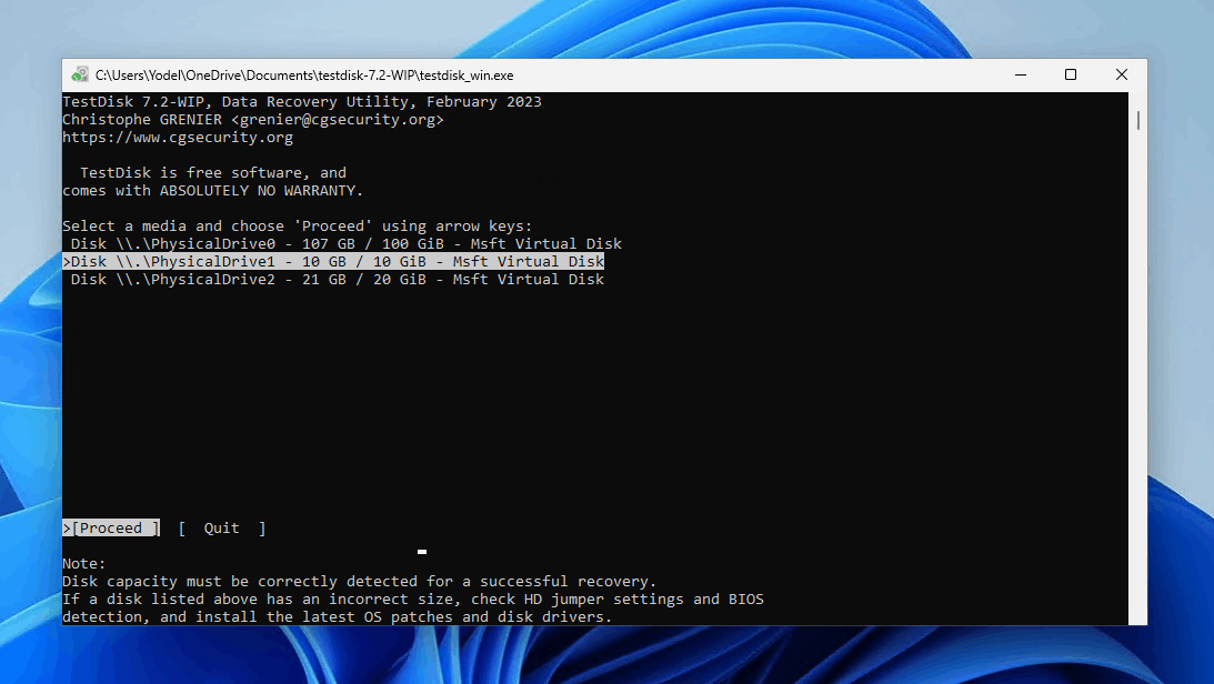 Selecting the disk that contains the lost partition.