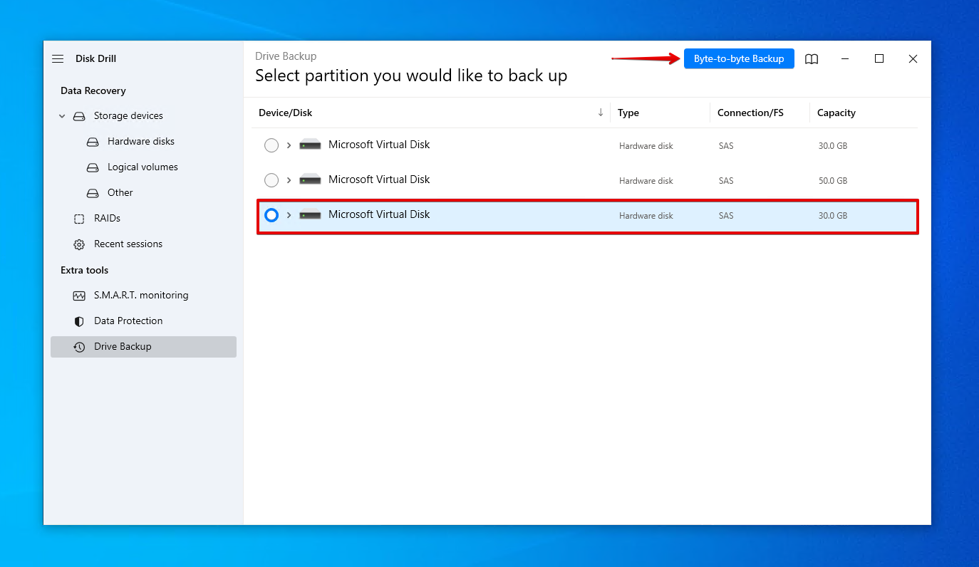 Selecting the WD hard drive for backup.