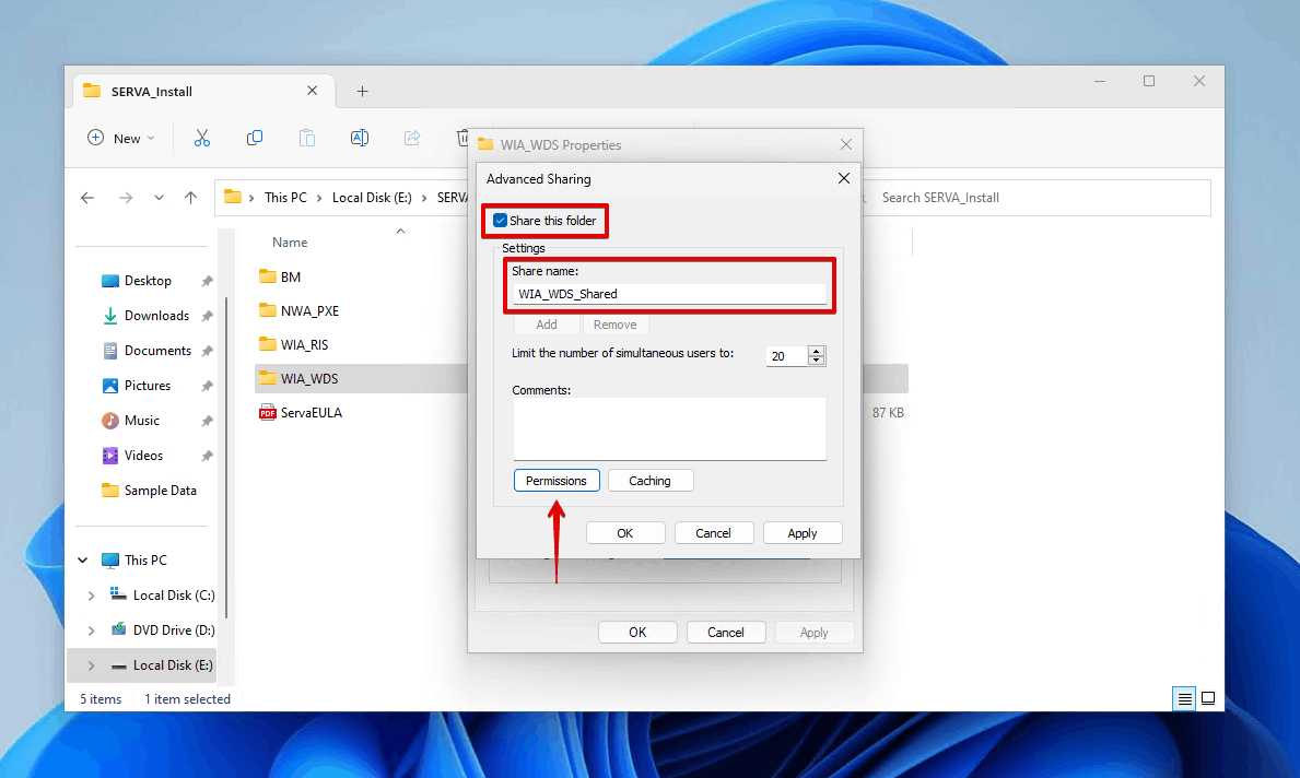 Updating the advanced sharing properties.