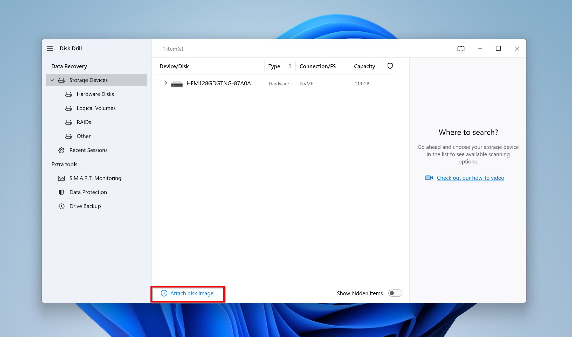 Opção Anexar imagem de disco no Disk Drill.