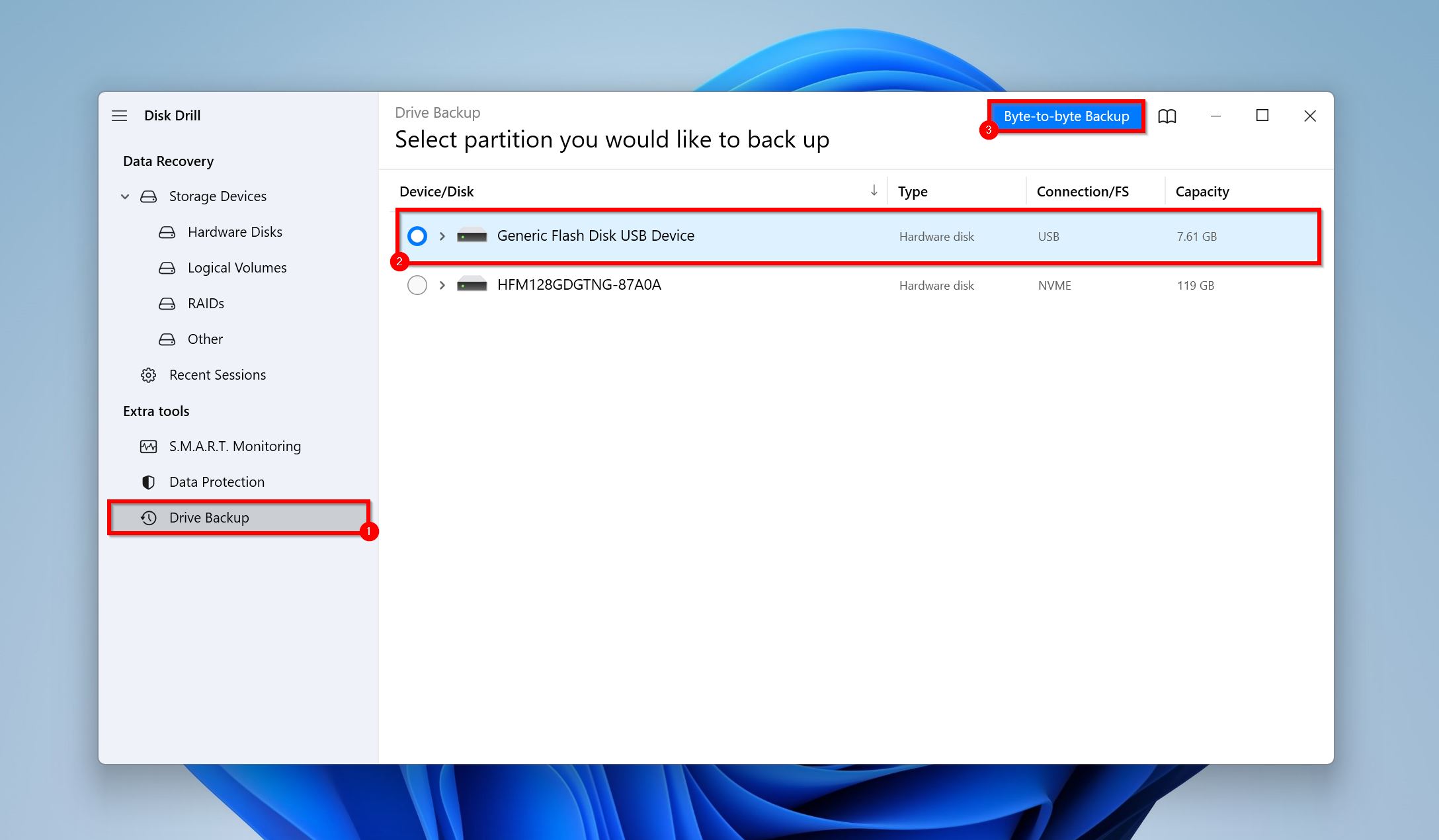 Byte-to-Byte Backup skærm i Disk Drill