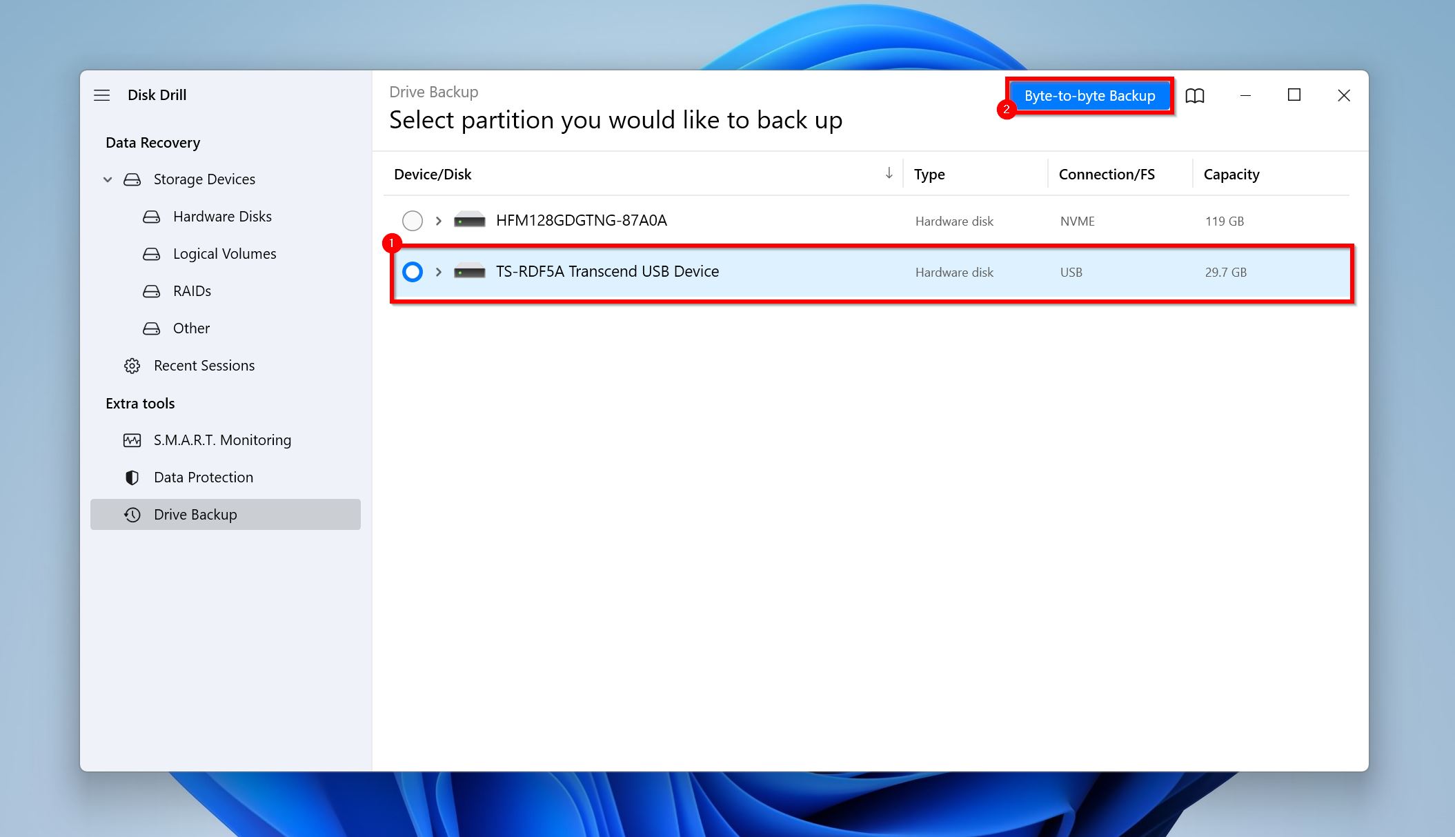 Byte-to-byte backup button in Disk Drill.