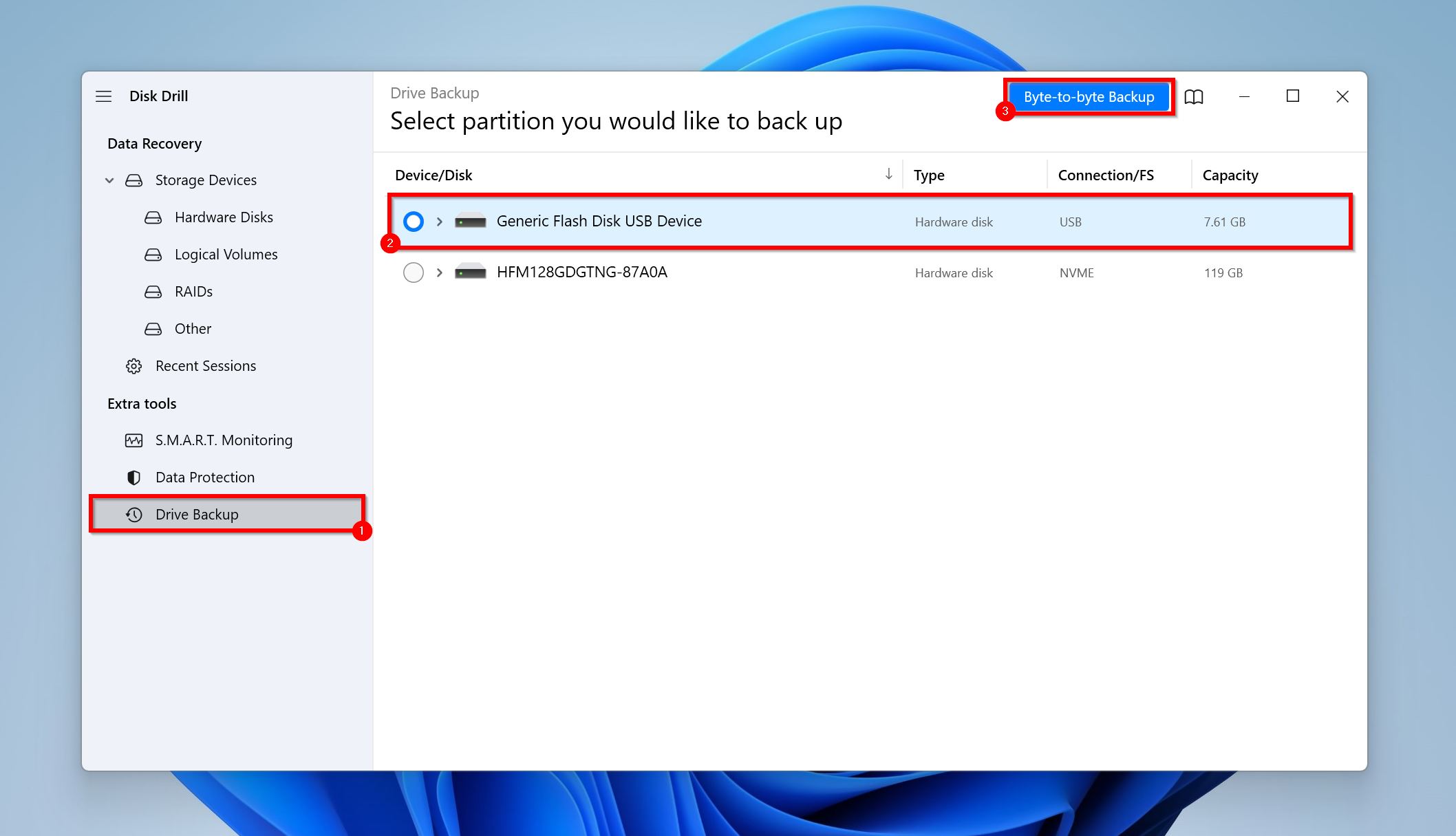 Byte-to-byte backup screen in Disk Drill.